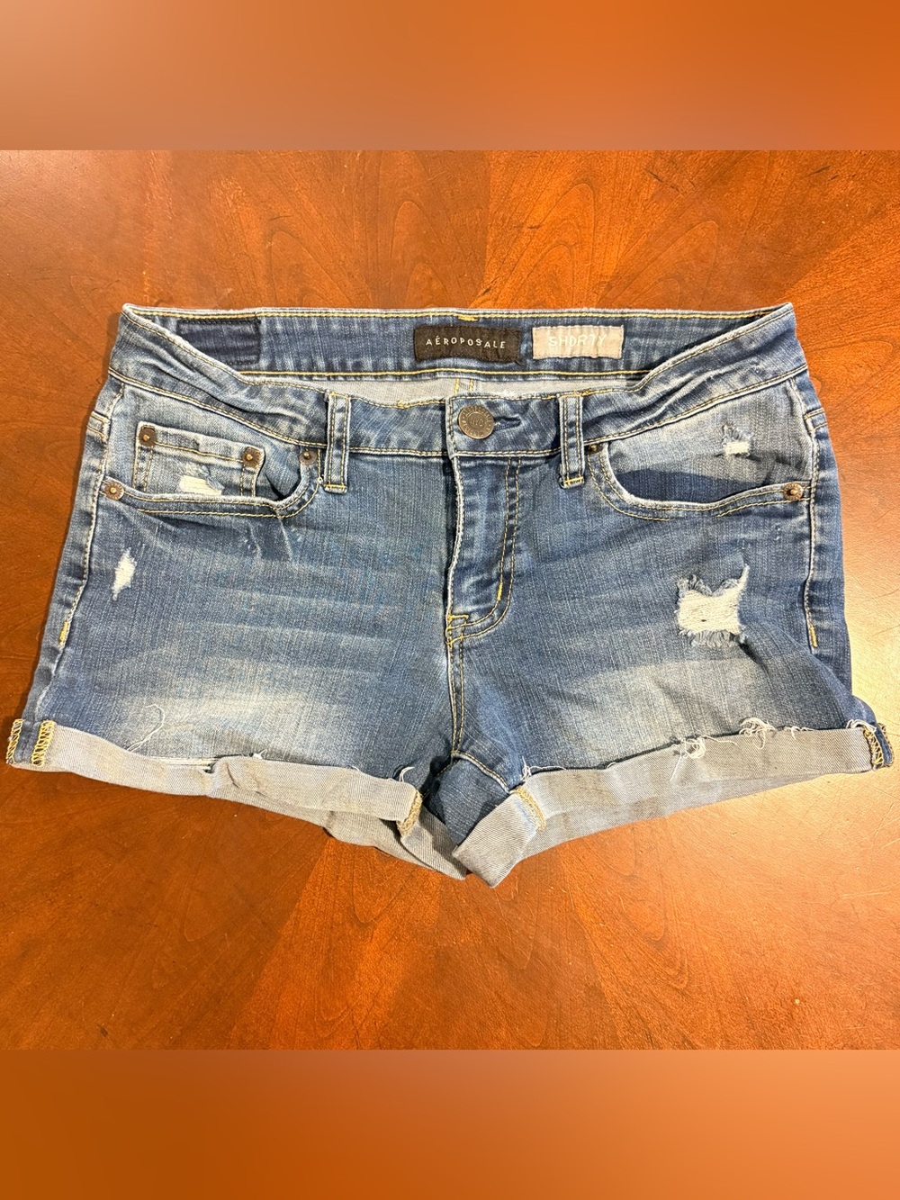 Aeropostale Denim Shorts Womens Size 4 Blue Shorty Distressed Cuffed Jean Shorts